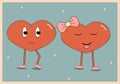 Retro groovy lovely hearts stickers in trendy retro 60s 70s cartoon style. Love concept.